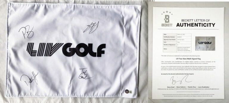 LIV GOLF SIGNED LIV GOLF FLAG DUSTIN JOHNSON PATRICK REED PEREZ GOOCH BECKETT…
 COLLECTIBLE MEMORABILIA