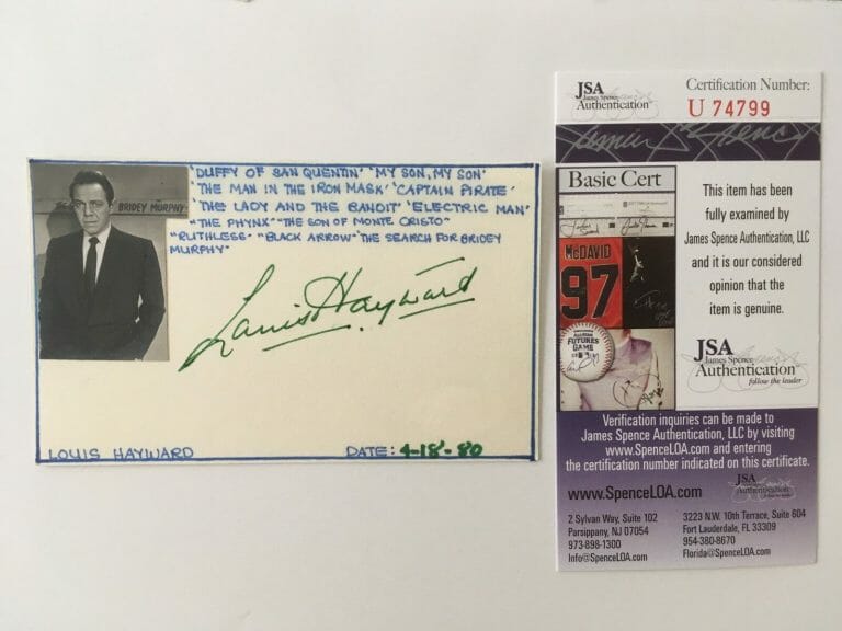 LOUIS HAYWARD SIGNED AUTOGRAPHED 3×5 CARD JSA CERTIFIED
 COLLECTIBLE MEMORABILIA