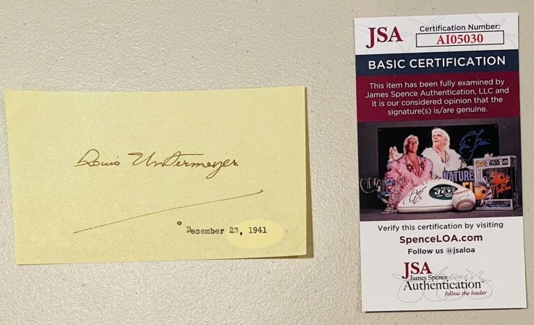 LOUIS UNTERMEYER SIGNED AUTOGRAPHED 3×5 PAGE JSA CERT POET POETRY
 COLLECTIBLE MEMORABILIA