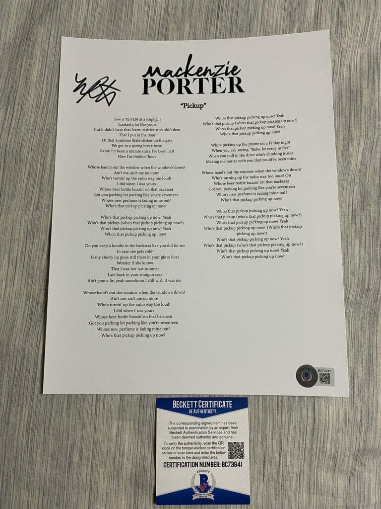 MACKENZIE PORTER SIGNED AUTOGRAPHED PICKUP LYRIC SHEET BECKETT COA
 COLLECTIBLE MEMORABILIA