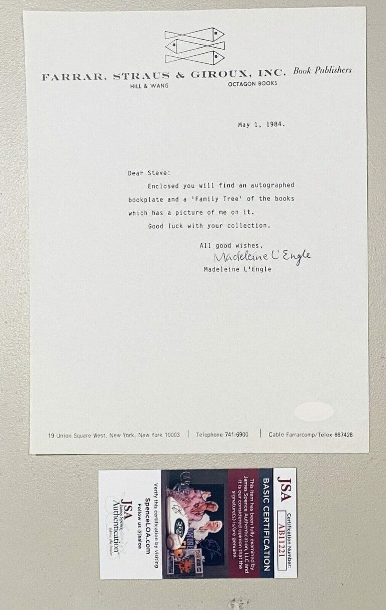 MADELEINE L’ENGLE AUTOGRAPHED 8.5 X 11 TYPED LETTER SIGNED JSA A WRINKLE IN TIME
 COLLECTIBLE MEMORABILIA