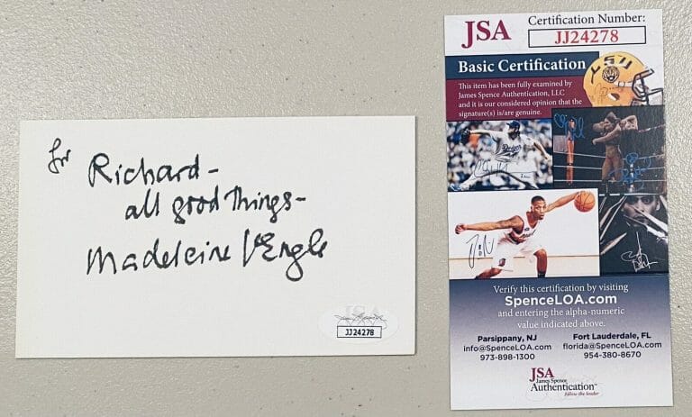 MADELEINE L’ENGLE SIGNED AUTOGRAPHED 3×5 CARD JSA CERT AUTHOR A WRINKLE IN TIME
 COLLECTIBLE MEMORABILIA