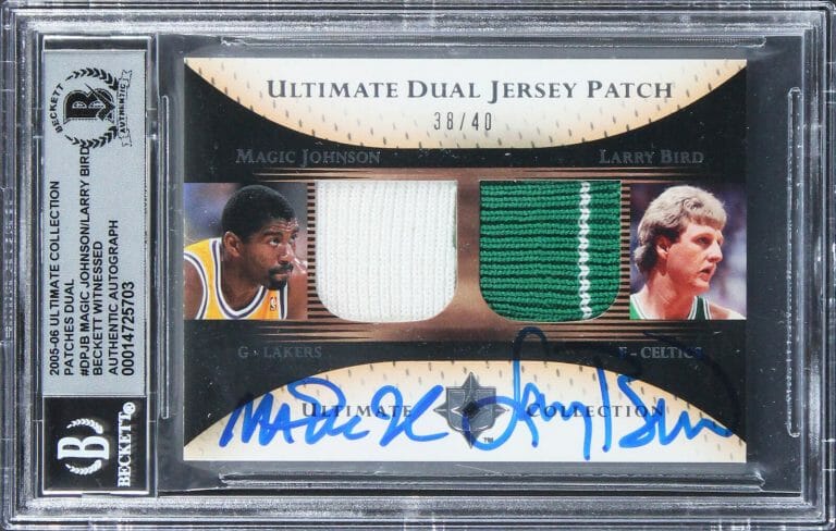 MAGIC JOHNSON & LARRY BIRD SIGNED 2005 ULTIMATE PATCHES DPJB 38/40 CARD BAS SLAB COLLECTIBLE MEMORABILIA