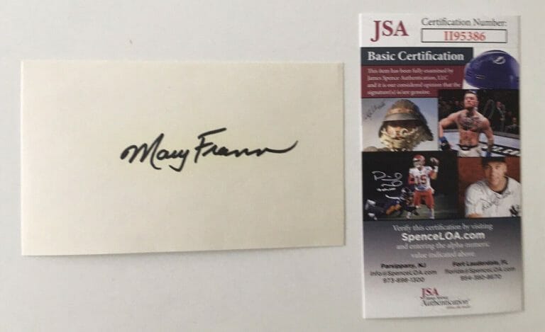 MARY FRANN SIGNED AUTOGRAPHED 3×5 CARD JSA CERTIFIED NEWHART
 COLLECTIBLE MEMORABILIA
