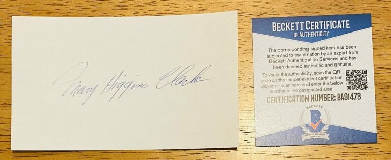 MARY HIGGINS CLARK SIGNED AUTOGRAPHED 3×5 CARD BAS BECKETT CERT AUTHOR NOVELIST
 COLLECTIBLE MEMORABILIA