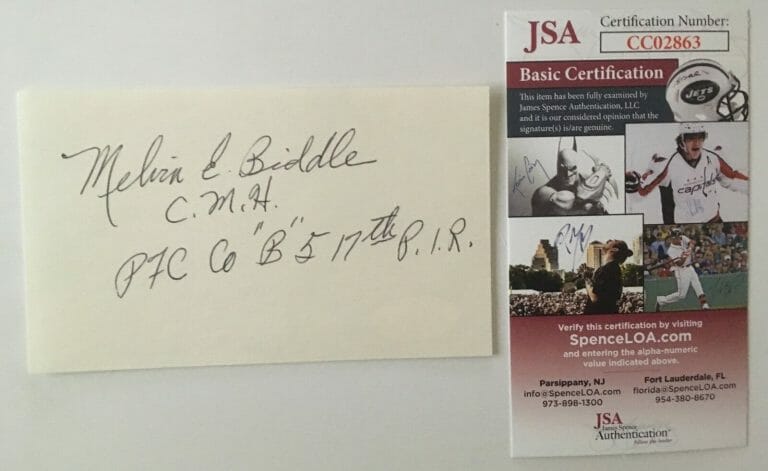 MELVIN BIDDLE SIGNED AUTOGRAPHED 3×5 CARD JSA CERTIFIED MEDAL OF HONOR
 COLLECTIBLE MEMORABILIA