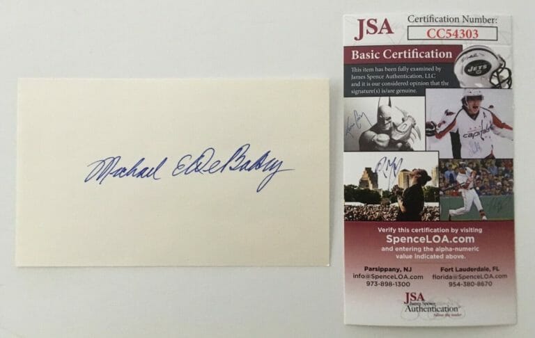 MICHAEL DEBAKEY SIGNED AUTOGRAPHED 3×5 CARD JSA CERTIFIED HEART DOCTOR SURGEON
 COLLECTIBLE MEMORABILIA