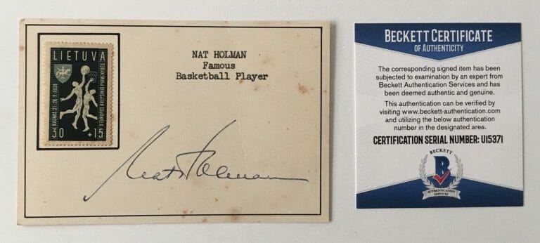 NAT HOLMAN SIGNED AUTOGRAPHED 3 X 4.75 CARD BAS BECKETT CERTIFIED CELTICS HOF
 COLLECTIBLE MEMORABILIA