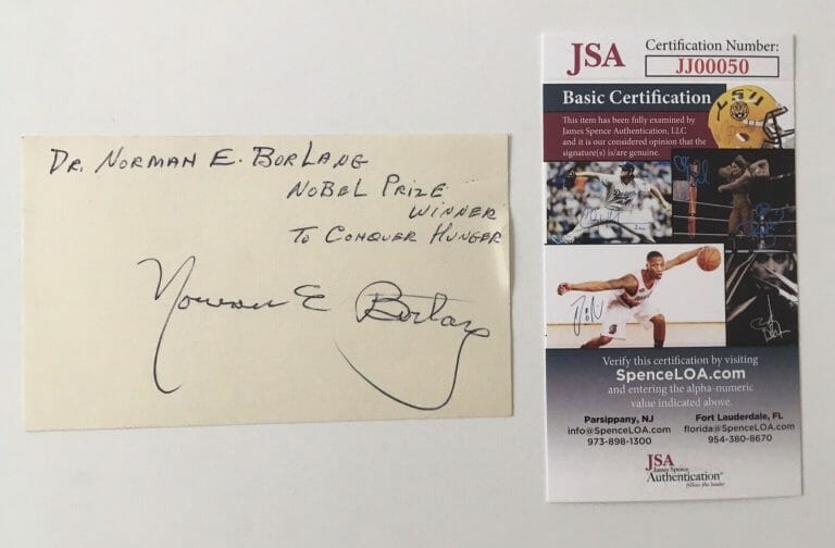 NORMAN BORLAUG SIGNED AUTOGRAPHED 3×5 CARD JSA CERTIFIED NOBEL PEACE PRIZE
 COLLECTIBLE MEMORABILIA