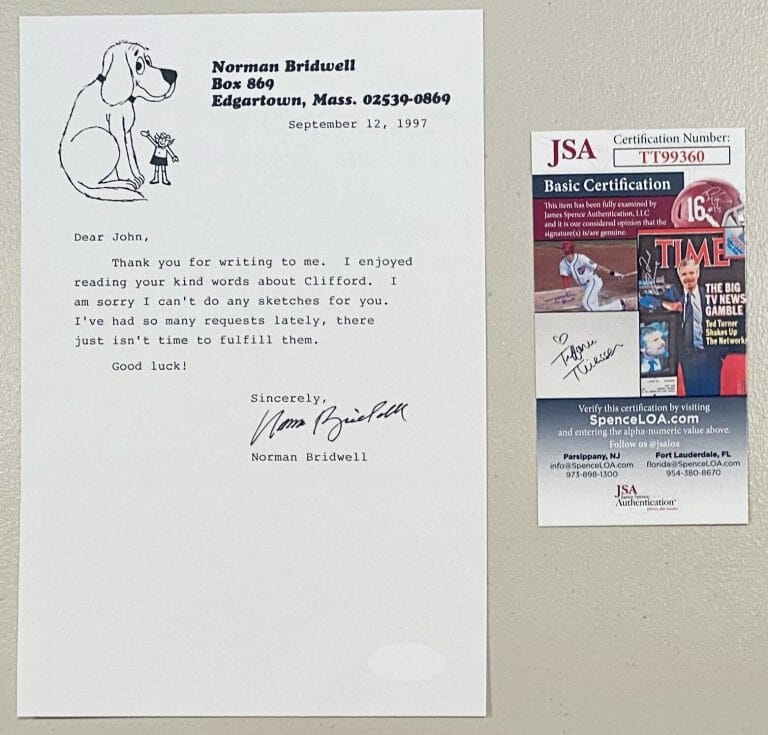 NORMAN BRIDWELL AUTOGRAPHED 6×9 TYPED LETTER SIGNED JSA CLIFFORD THE BIG RED DOG
 COLLECTIBLE MEMORABILIA