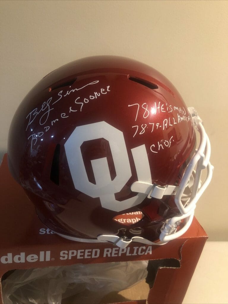 OKLAHOMA SOONERS- BILLY SIMS SIGNED AUTOGRAPH REP FS HELMET TRISTAR COA HEISMAN COLLECTIBLE MEMORABILIA