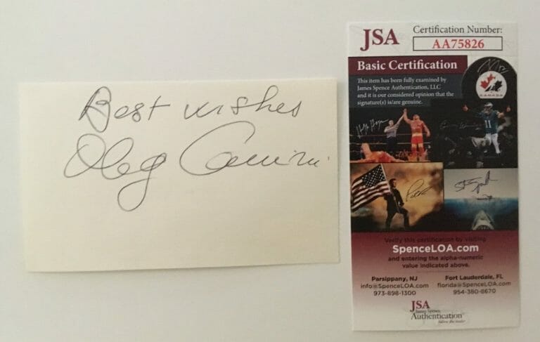 OLEG CASSINI SIGNED AUTOGRAPHED 3×5 CARD JSA CERTIFIED FASHION DESIGNER
 COLLECTIBLE MEMORABILIA