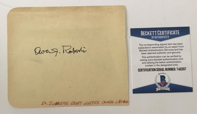 OWEN ROBERTS SIGNED AUTOGRAPHED 4.5 X 5 ALBUM PAGE BAS BECKETT US SUPREME COURT
 COLLECTIBLE MEMORABILIA
