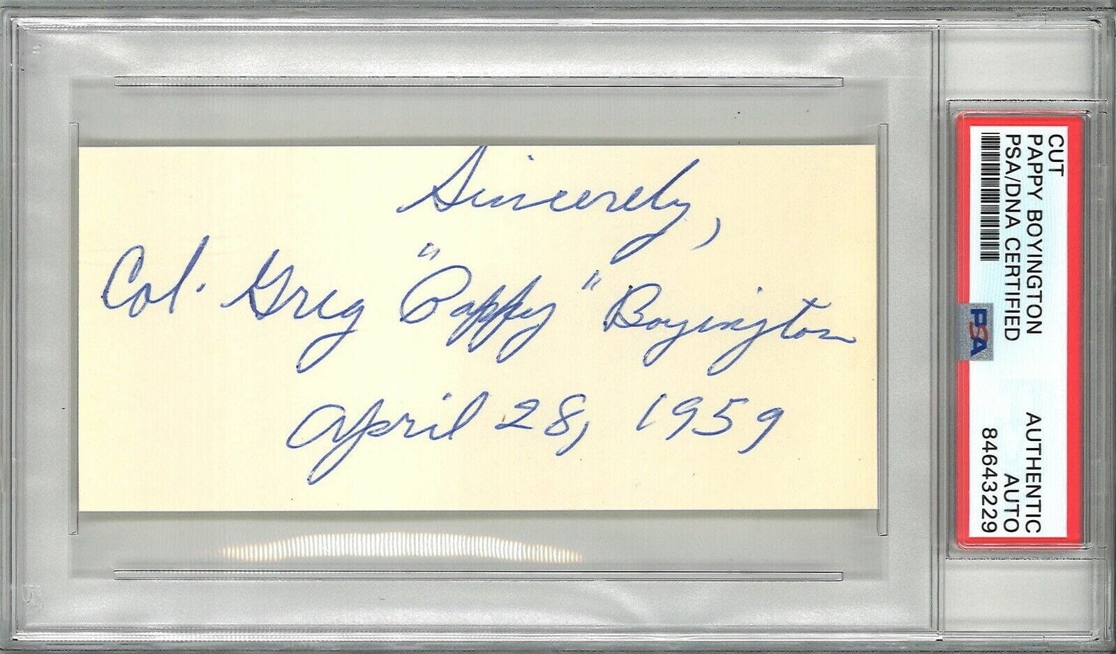 PAPPY BOYINGTON SIGNED CUT SIGNATURE PSA 84643229 (D) WWII ACE FULL ...