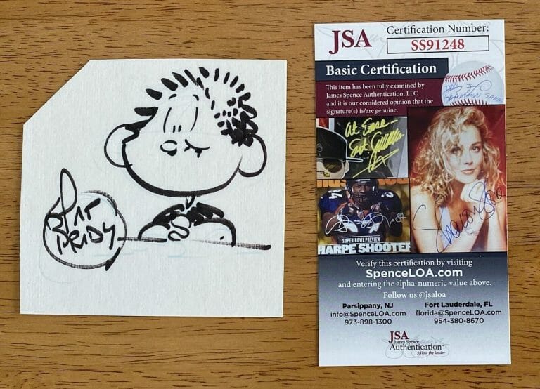 PAT BRADY SIGNED AUTOGRAPHED 3.75 X 4 CARD W SKETCH JSA ROSE IS ROSE CARTOONIST
 COLLECTIBLE MEMORABILIA
