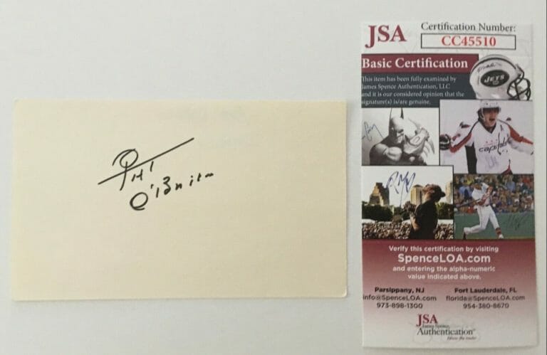 PAT O’BRIEN SIGNED AUTOGRAPHED 3×5 CARD JSA CERTIFIED ACTOR
 COLLECTIBLE MEMORABILIA