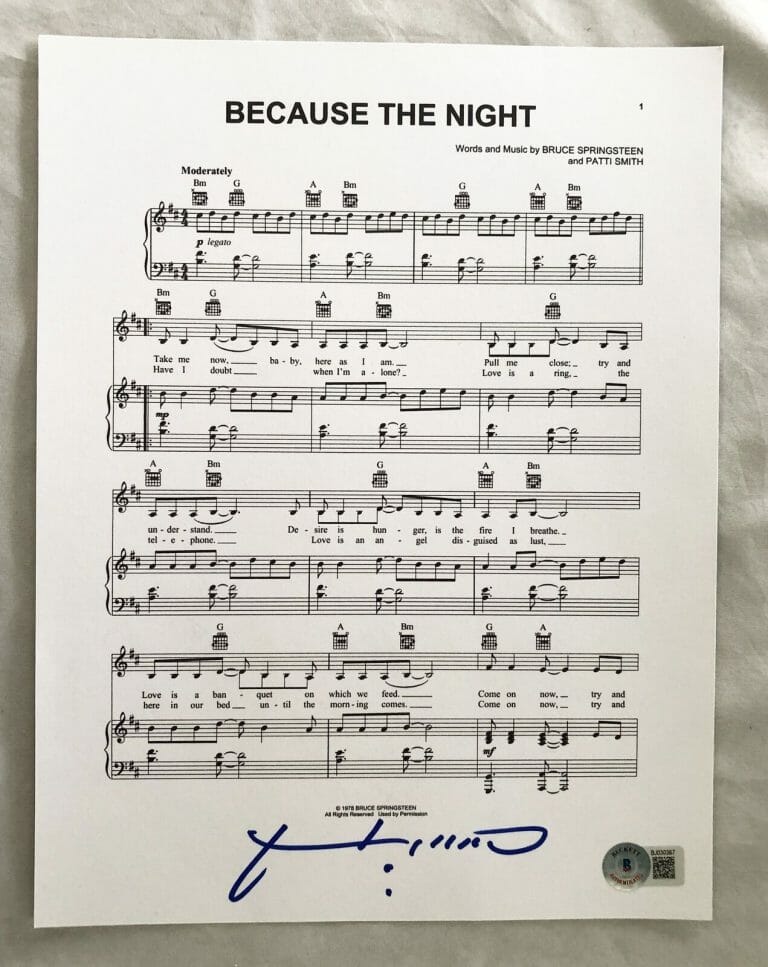 PATTI SMITH SIGNED MUSIC SHEET BECKETT BAS BECAUSE THE NIGHT COA COLLECTIBLE MEMORABILIA