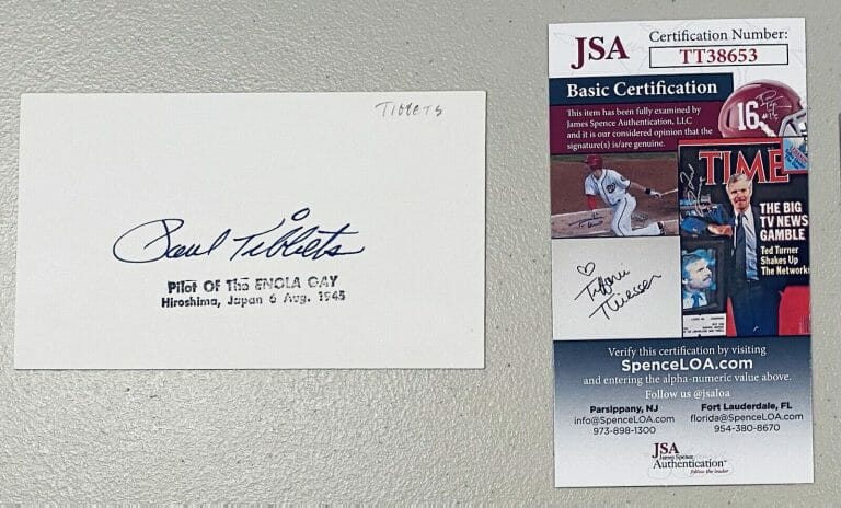 PAUL TIBBETS SIGNED AUTOGRAPHED 3×5 CARD JSA CERT ENOLA GAY ATOMIC BOMB B-29 WW2
 COLLECTIBLE MEMORABILIA