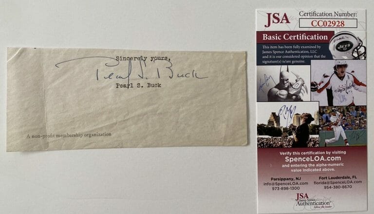 PEARL BUCK SIGNED AUTOGRAPHED 2.5 X 5.5 CUT JSA CERT AUTHOR GOOD EARTH PULITZER
 COLLECTIBLE MEMORABILIA