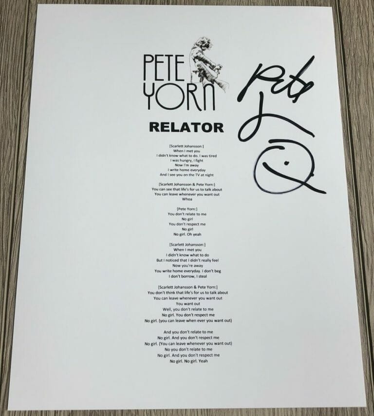 PETE YORN SIGNED AUTOGRAPH RELATOR LYRIC SHEET W/EXACT PROOF
 COLLECTIBLE MEMORABILIA
