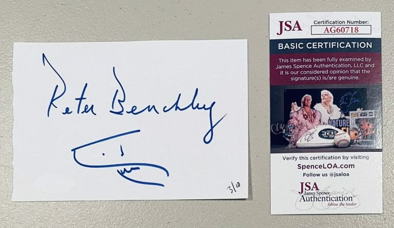 PETER BENCHLEY SIGNED AUTOGRAPHED 4×6 PAGE W JAWS SKETCH JSA CERTIFIED AUTHOR
 COLLECTIBLE MEMORABILIA