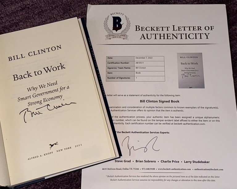 PRESIDENT BILL CLINTON SIGNED BACK TO WORK HARDCOVER BOOK W/ BECKETT LOA (BAS) COLLECTIBLE MEMORABILIA