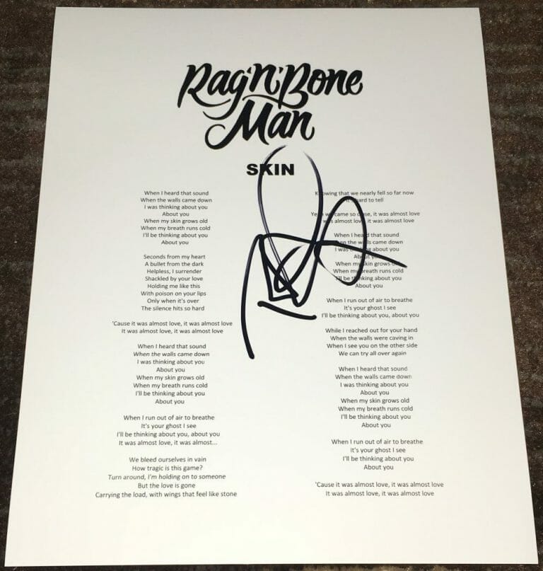 RAG’N’BONE MAN RORY GRAHAM SIGNED AUTOGRAPH SKIN LYRICS SHEET W/EXACT PROOF
 COLLECTIBLE MEMORABILIA