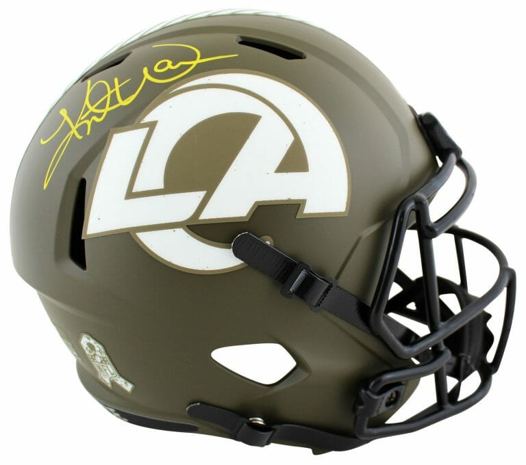 RAMS KURT WARNER SIGNED SALUTE TO SERVICE FULL SIZE SPEED REP HELMET BAS WITNESS COLLECTIBLE MEMORABILIA