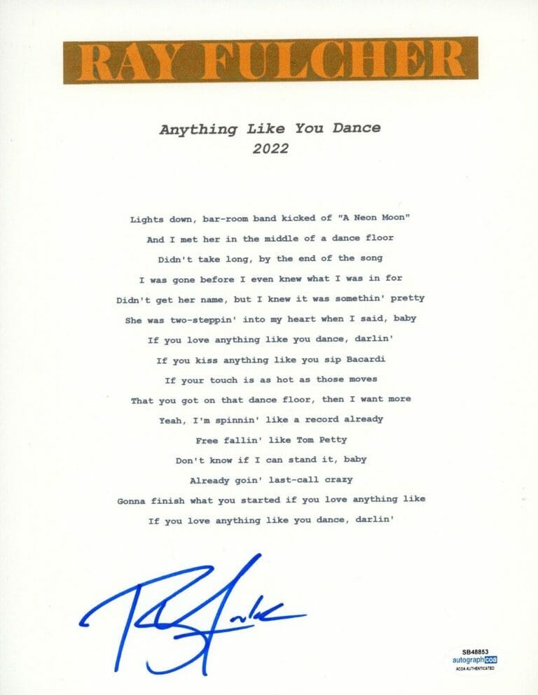 RAY FULCHER COUNTRY ANYTHING LIKE YOU DANCE SIGNED AUTOGRAPH LYRIC SHEET ACOA COLLECTIBLE MEMORABILIA