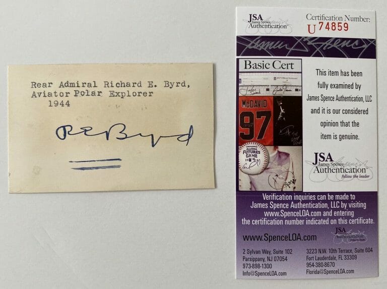 RICHARD E. BYRD SIGNED AUTOGRAPHED 2.25 X 3.75 CARD JSA CERTIFIED POLAR EXPLORER
 COLLECTIBLE MEMORABILIA
