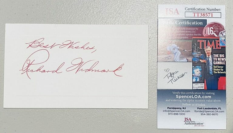 RICHARD WIDMARK SIGNED AUTOGRAPHED 3.75 X 5.5 CARD JSA CERTIFIED KISS OF DEATH
 COLLECTIBLE MEMORABILIA