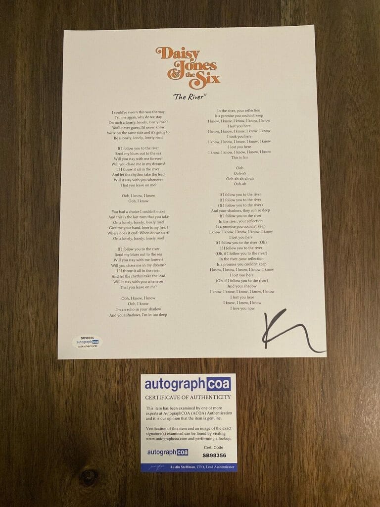 RILEY KEOUGH ‘DAISY JONES’ SIGNED AUTOGRAPH ‘THE RIVER’ LYRIC SHEET ACOA
 COLLECTIBLE MEMORABILIA