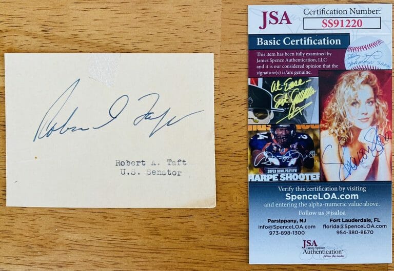 ROBERT A TAFT SIGNED AUTOGRAPHED 3×4 CARD JSA CERT SENATOR OHIO MAJORITY LEADER
 COLLECTIBLE MEMORABILIA