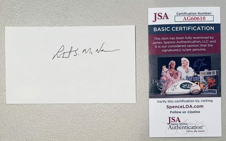 ROBERT MCNAMARA SIGNED AUTOGRAPHED 3×5 CARD JSA CERT SECY OF DEFENSE VIETNAM WAR
 COLLECTIBLE MEMORABILIA
