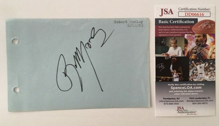 ROBERT MORLEY SIGNED AUTOGRAPHED 4×6 ALBUM PAGE JSA CERTIFIED ACTOR
 COLLECTIBLE MEMORABILIA