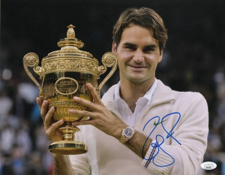 ROGER FEDERER SIGNED AUTOGRAPH 11X14 PHOTO – HOLDING WIMBLEDON TROPHY W/ JSA COA COLLECTIBLE MEMORABILIA