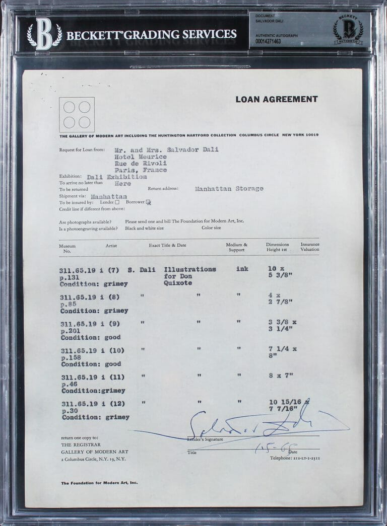 SALVADOR DALI AUTHENTIC SIGNED LOAN CONTRACT DATED JANUARY 5, 1965 BAS SLABBED COLLECTIBLE MEMORABILIA
