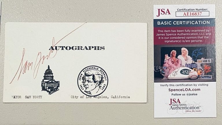 SAM YORTY SIGNED AUTOGRAPHED 3.5 X6 CARD JSA CERT LOS ANGELES MAYOR
 COLLECTIBLE MEMORABILIA