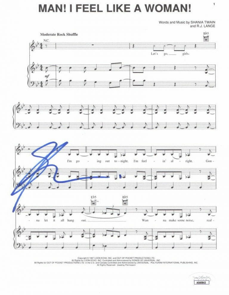 SHANIA TWAIN SIGNED AUTOGRAPH MAN! I FEEL LIKE A WOMAN SHEET MUSIC – VERY RARE! COLLECTIBLE MEMORABILIA