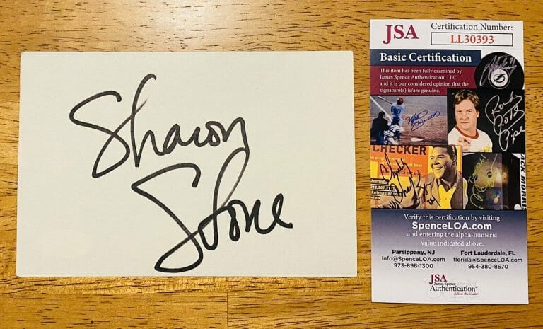 SHARON STONE SIGNED AUTOGRAPHED 4×6 CARD JSA CERTIFIED BASIC INSTINCT
 COLLECTIBLE MEMORABILIA