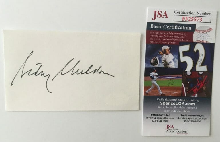 SIDNEY SHELDON SIGNED AUTOGRAPHED 3×5 CARD JSA CERTIFIED AUTHOR
 COLLECTIBLE MEMORABILIA