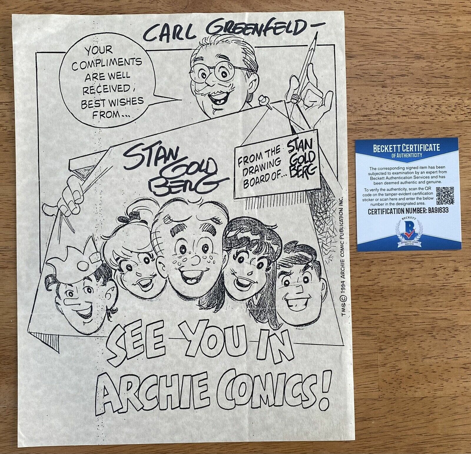 Stan Goldberg Signed Autographed 8.5 x 11 Sheet Beckett BAS Cert Archie Comics 1
Opens in a new window or tab