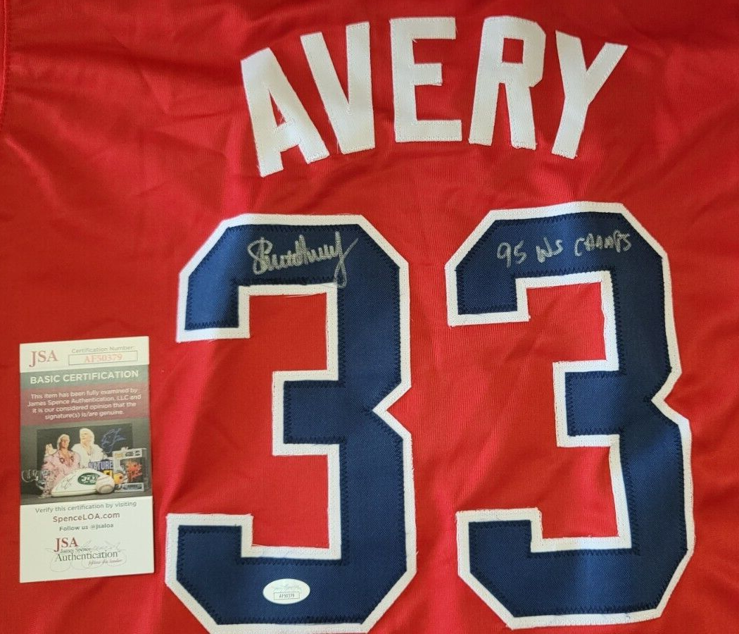 STEVE AVERY BRAVES 95 WS CHAMPS SIGNED RED JERSEY JSA #AF50380