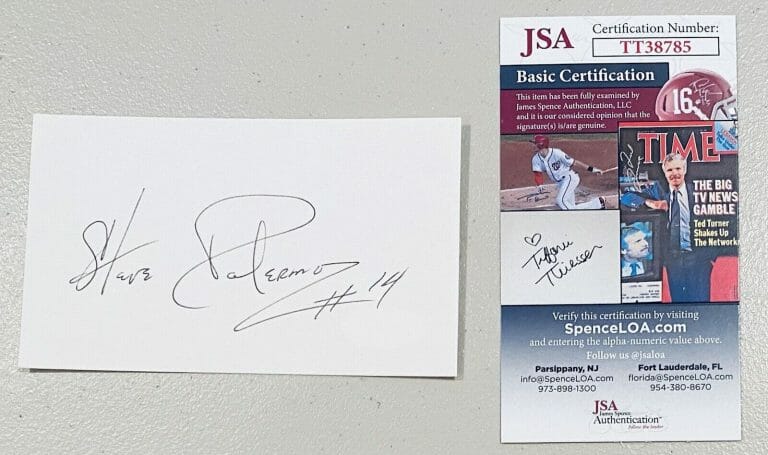 STEVE PALERMO SIGNED AUTOGRAPHED 3×5 CARD JSA CERTED AMERICAN LEAGUE UMPIRE
 COLLECTIBLE MEMORABILIA