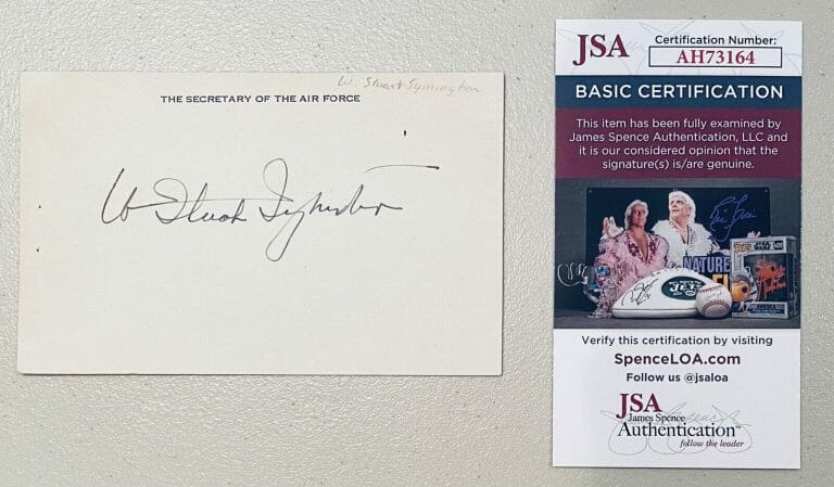 STUART SYMINGTON SIGNED AUTOGRAPHED 3.5 X 5.5 CARD JSA CERT MISSOURI SENATOR
 COLLECTIBLE MEMORABILIA