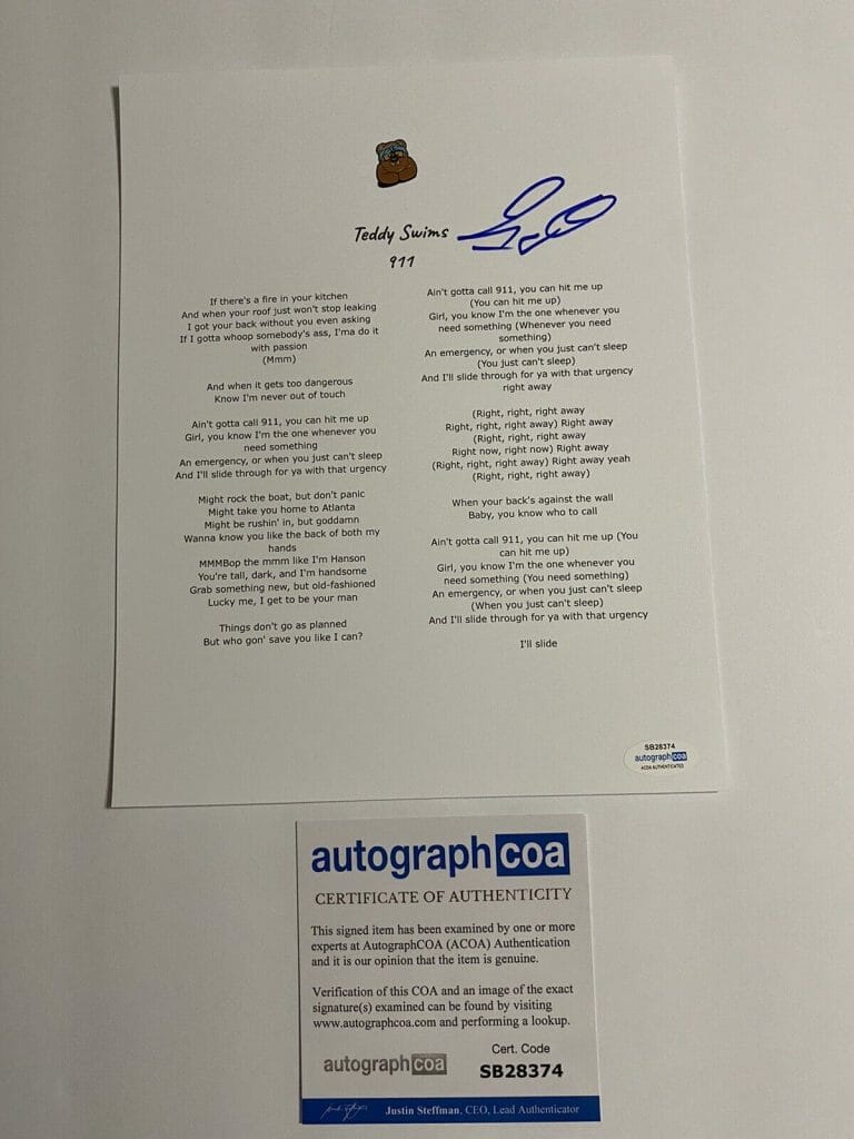 TEDDY SWIMS SIGNED AUTOGRAPHED “911” LYRIC SHEET YOUNG STAR ACOA MUSIC
 COLLECTIBLE MEMORABILIA