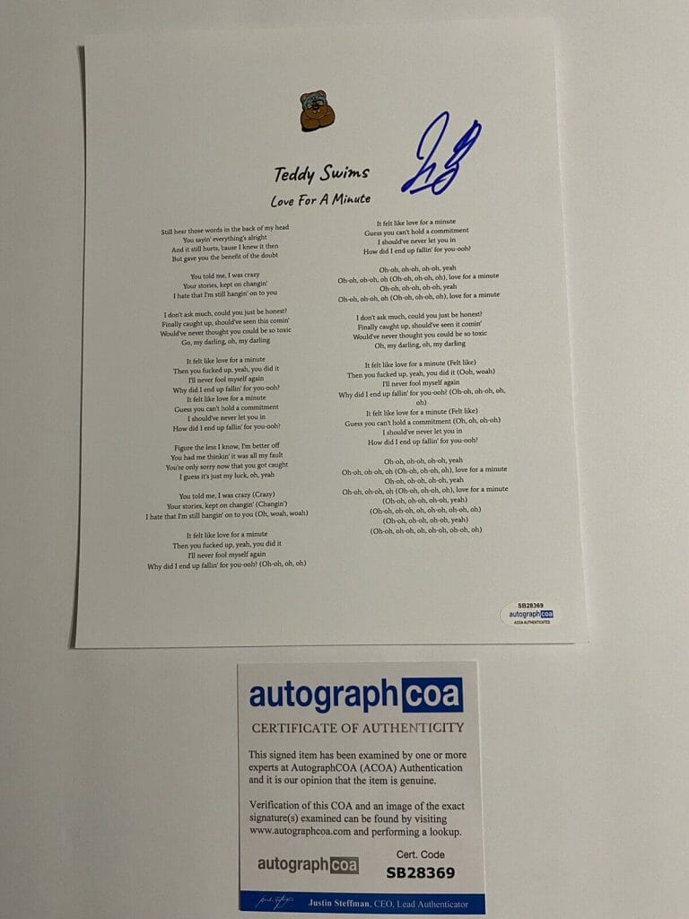 TEDDY SWIMS SIGNED AUTOGRAPHED “LOVE FOR A MINUTE” LYRIC SHEET ACOA MUSIC
 COLLECTIBLE MEMORABILIA