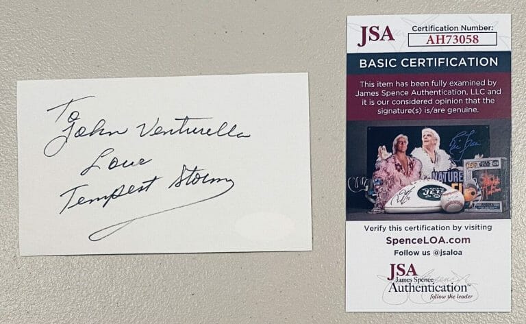 TEMPEST STORM SIGNED AUTOGRAPHED 3×5 CARD JSA CERTIFIED BURLESQUE ACTRESS
 COLLECTIBLE MEMORABILIA