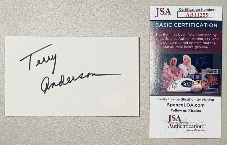 TERRY ANDERSON SIGNED AUTOGRAPHED 3×5 CARD JSA CERT JOURNALIST HOSTAGE
 COLLECTIBLE MEMORABILIA