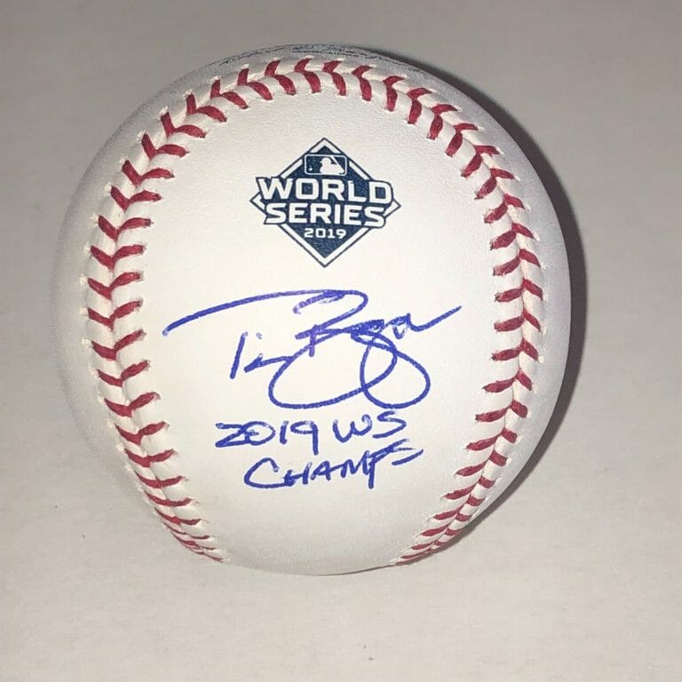 TIM BOGAR (NATIONALS) SIGNED OFFICIAL 2019 WORLD SERIES BASEBALL BAS W/ INSCRIP COLLECTIBLE MEMORABILIA